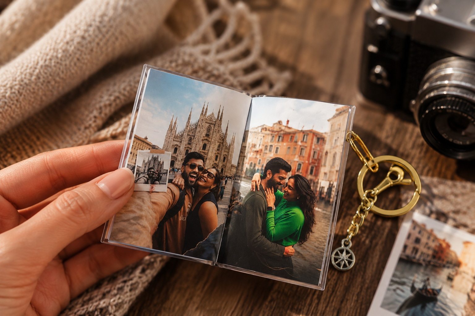 Open mini magazine showing ultra-HD photo memories in hand